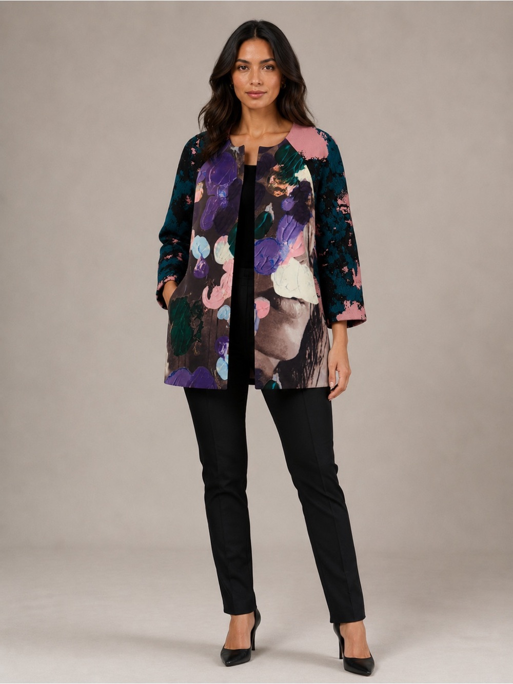 Artistic Floral Print Longline Silk Blend Jacket in Teal, Pink, Purple